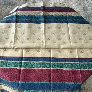 Fabric shower curtain size 70” W x 72” L Tan with blue and maroon border